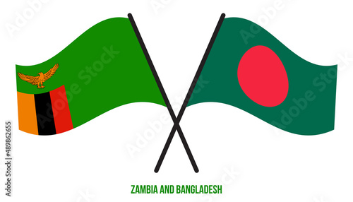 Zambia and Bangladesh Flags Crossed And Waving Flat Style. Official Proportion. Correct Colors.