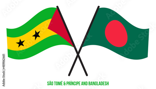 Sao Tome and Bangladesh Flags Crossed And Waving Flat Style. Official Proportion. Correct Colors.