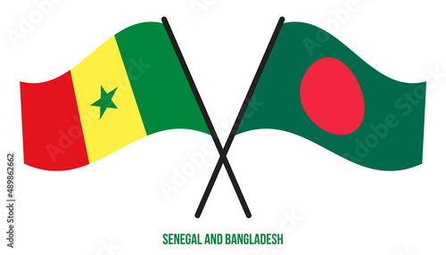 Senegal and Bangladesh Flags Crossed And Waving Flat Style. Official Proportion. Correct Colors.