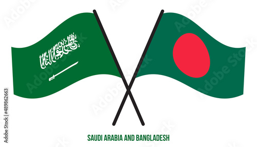 Saudi Arabia and Bangladesh Flags Crossed And Waving Flat Style. Official Proportion. Correct Colors