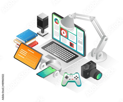 Flat isometric concept illustration. work computers for gamer content creators