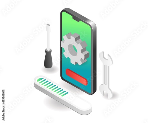 Flat isometric concept illustration. web application smartphone maintenance process