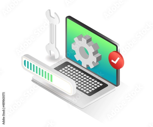 Flat isometric concept illustration. web application maintenance process