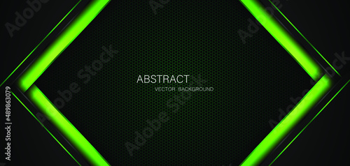 Dark steel mesh abstract background with black and green polygon shapes, free space for design. modern technology innovation concept background
