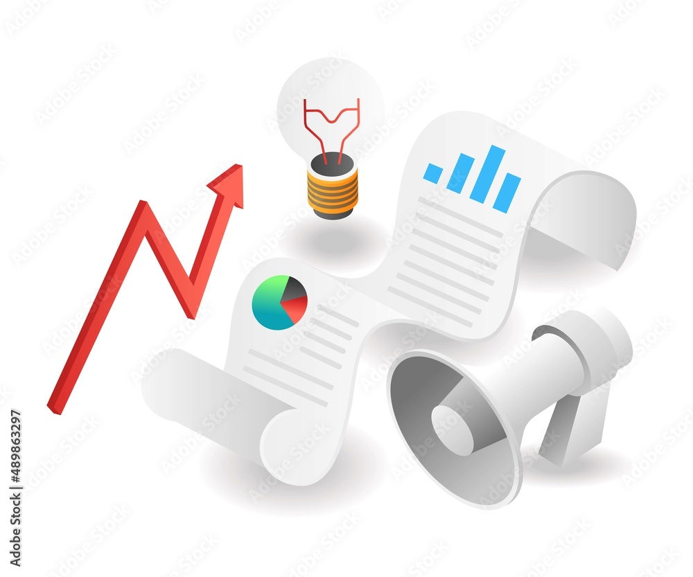Flat isometric illustration concept. Data analysis idea campaign on paper Flat isometric illustration concept. Data analysis idea campaign on paper