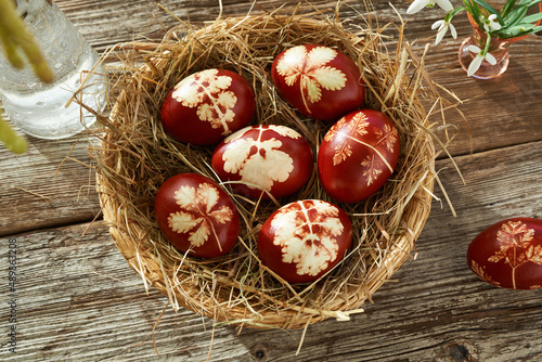 Easter eggs dyed with onion peels with imprints of leaves and plants