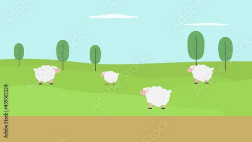 Crowd sheep eeding on the meadow photo