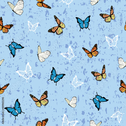 Pastel Blue Cottagecore Butterfly Seamless Pattern background © Claire