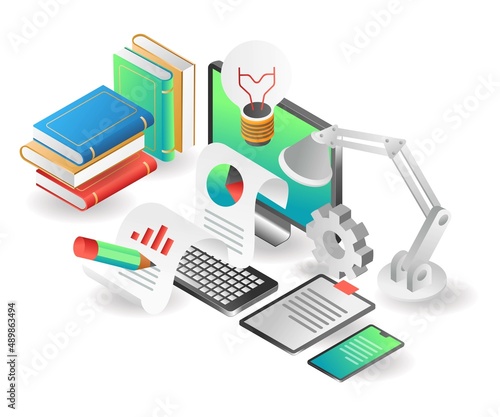 Flat isometric illustration concept. creative idea data analysis on computer