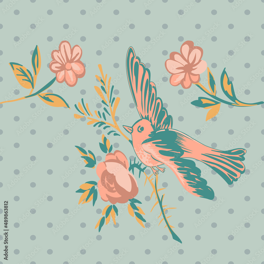 Drawing bird flying with flower roses tropical vintage print, seamless halftone polka dot pattern retro background in pastel colors. Vector illustration for design, fashion, textile, greeting card