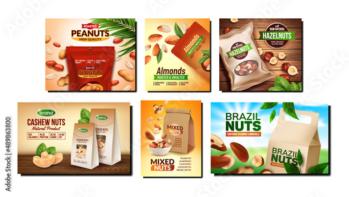 Nuts Assortment Creative Promo Posters Set Vector. Cashew And Almonds, Peanuts And Hazelnuts Nuts Blank Packages And Natural Leaves On Advertising Banners. Style Concept Template Illustrations