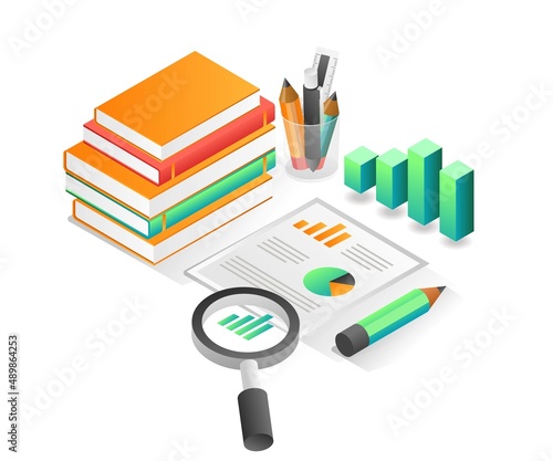 Flat isometric concept illustration. pile of books and business data analysis