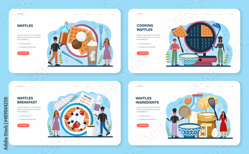 Waffles web banner or landing page set. Sweet Belgian pastries with cream