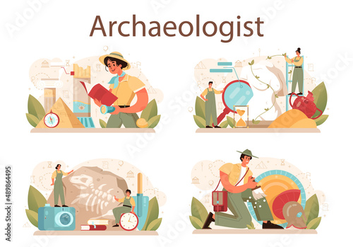 Archaeologist concept set. Ancient history scientist or paleontologist