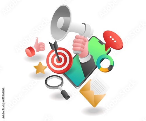 Flat isometric concept illustration. social media strategy digital marketing campaign