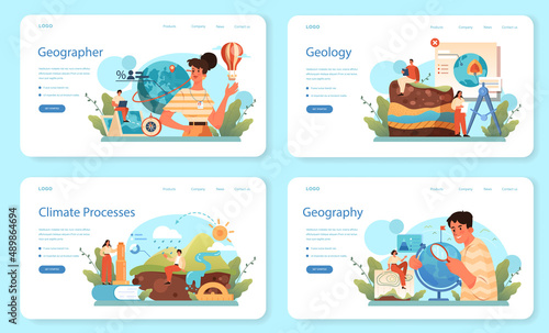 Geographer web banner or landing page set. Studying the lands, features