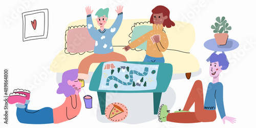 people play board game, cheerful company of multiracial people sit at the table, eat and play games.