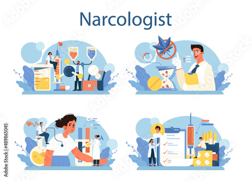 Narcologist concept set. Specialist provide help for people with addiction