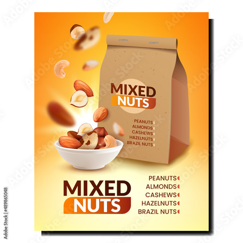Mixed Nuts Blank Package Promotion Banner Vector. Peanuts And Almonds, Hazelnuts And Cashews Mixed Nuts In Bowl And Paper Bag Advertising Poster. Style Concept Template Illustration