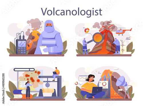 Volcanologist concept set. Geologist studying the processes and activity