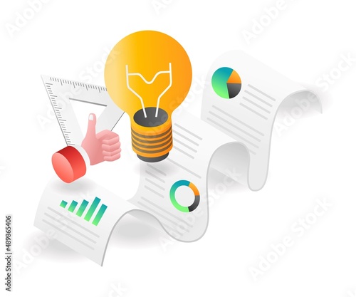 Flat isometric concept illustration. idea lamp on paper roll of investment business analysis data