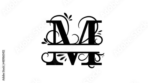 Letter M. Animated logo. Monogram, split letter M. Vintage style, twigs and leaves appear at logo. Letter on transparent background. You can insert a logo on any of your videos. Animation vector