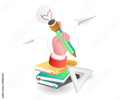 Flat isometric concept illustration. hold the idea light pencil above the book