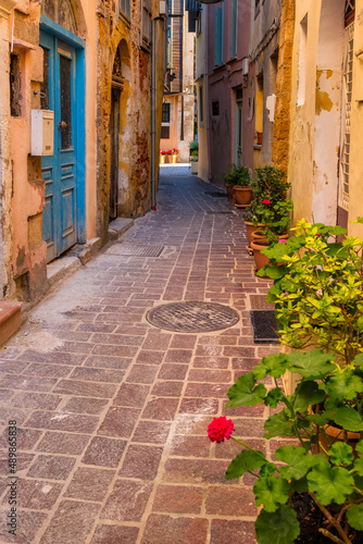 Fototapeta Naklejka Na Ścianę i Meble -  Scenic picturesque streets of Chania venetian town with colorful old houses. Chania greek village in the morning. Chanica, Crete island, Greece