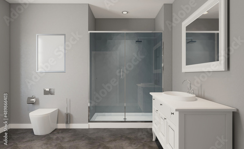 Scandinavian bathroom  classic  vintage interior design. 3D rendering.. Mockup.   Empty paintings