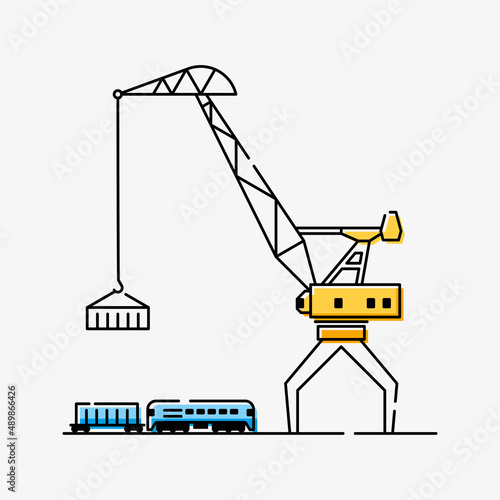 A port crane lifts a container from a railway platform. Vector illustration