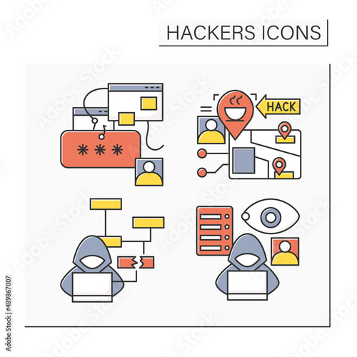 Hackers color icons set. Safe web browsing and cybersecurity. Email phishing, fake url, keylogger and mailware alert. Isolated vector illustration