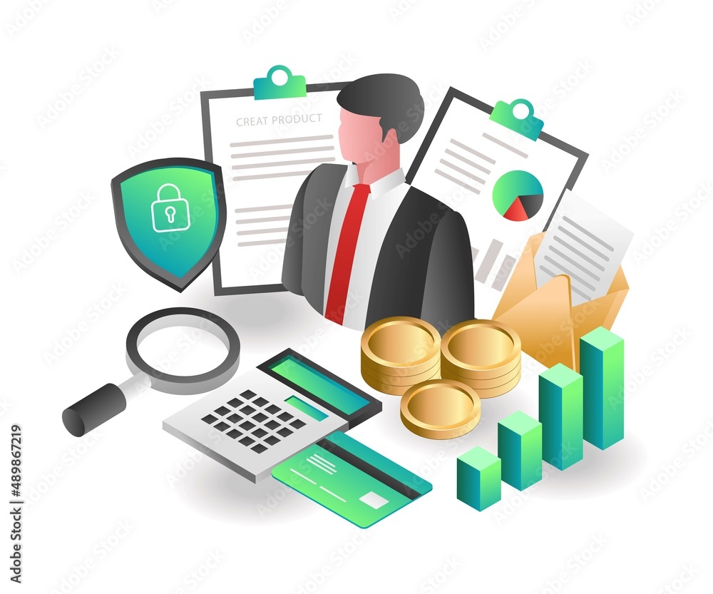 Flat isometric concept illustration. businessman investor analyst and earnings Flat isometric concept illustration. businessman investor analyst and earnings