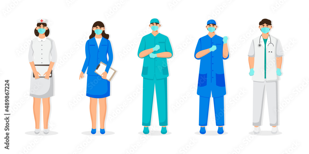 Set Of Flat Character Design Hospital Staff Wearing Medical Mask Set Of Flat Character Design Hospital Staff Wearing Medical Mask