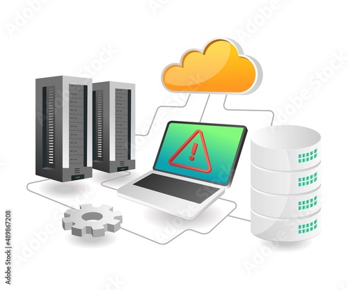 Flat isometric concept illustration. cloud server security issue warning