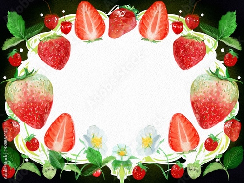 Fototapeta Naklejka Na Ścianę i Meble -  Watercolor painting of fresh strawberries and berries with cute frame