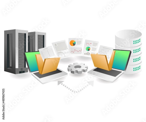 Flat isometric concept illustration. Analyst data transfer process between database servers