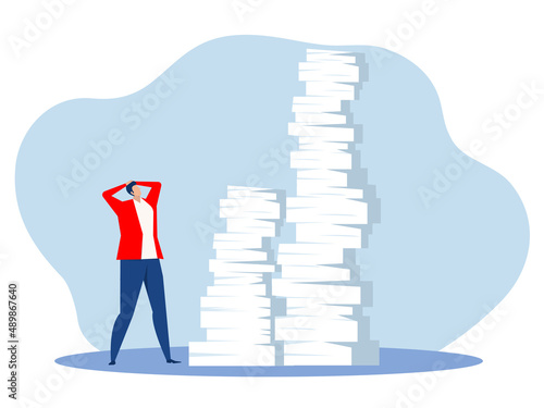 Tired businessman stress with the piles of paper document around. Overwork concept. Modern vector illustration.
