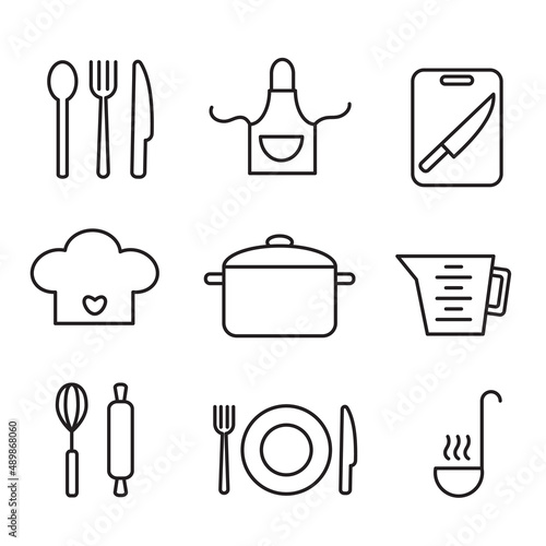 Cooking outline icons. Kitchen apron, cutting board with knife, whisk and rolling pin for dough. Chiefs hat, beaker and cooking pan. Food prepare and restaurant concept. Line set. 