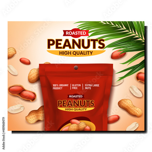 Roasted Peanuts Creative Promotion Poster Vector. Roasted Peanuts Blank Package, Natural Nuts And Palm Green Leaves On Advertising Banner. Snack Packaging Style Concept Template Illustration