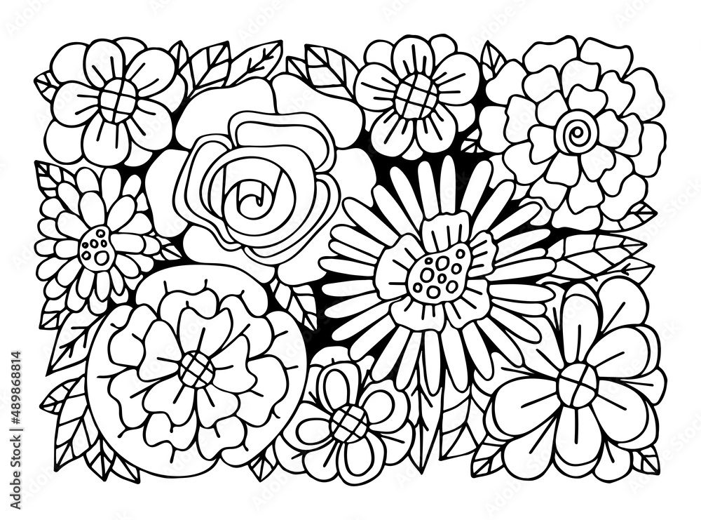 Coloring page bouquet of flowers thin line art. Floral pattern of garden plants. Hand drawn vector illustration. Simple doodle. Summer coloring book for children and adults. Coloring page bouquet of flowers thin line art. Floral pattern of garden plants. Hand drawn vector illustration. Simple doodle. Summer coloring book for children and adults.