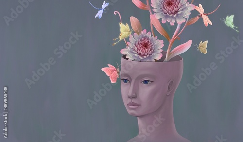 Surreal Concept art of nature and people. Woman with flowers head and butterfly. Conceptual 3d illustration. oil painting.