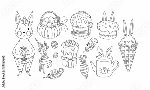 Easter coloring pages black contour elements set