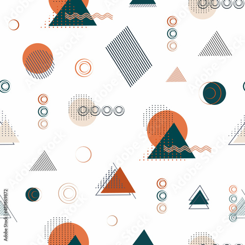 seamless pattern of geometric shapes (circle, line, triangle, dot). abstract element: in the style of a single line. wallpaper from Memphis, minimalism. for print, banner, papper. vector art