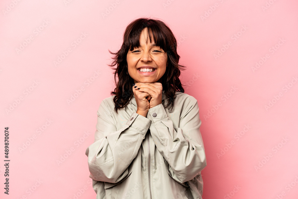 Young hispanic woman isolated on pink background smiling happy and confident, touching chin with hand. Young hispanic woman isolated on pink background smiling happy and confident, touching chin with hand.