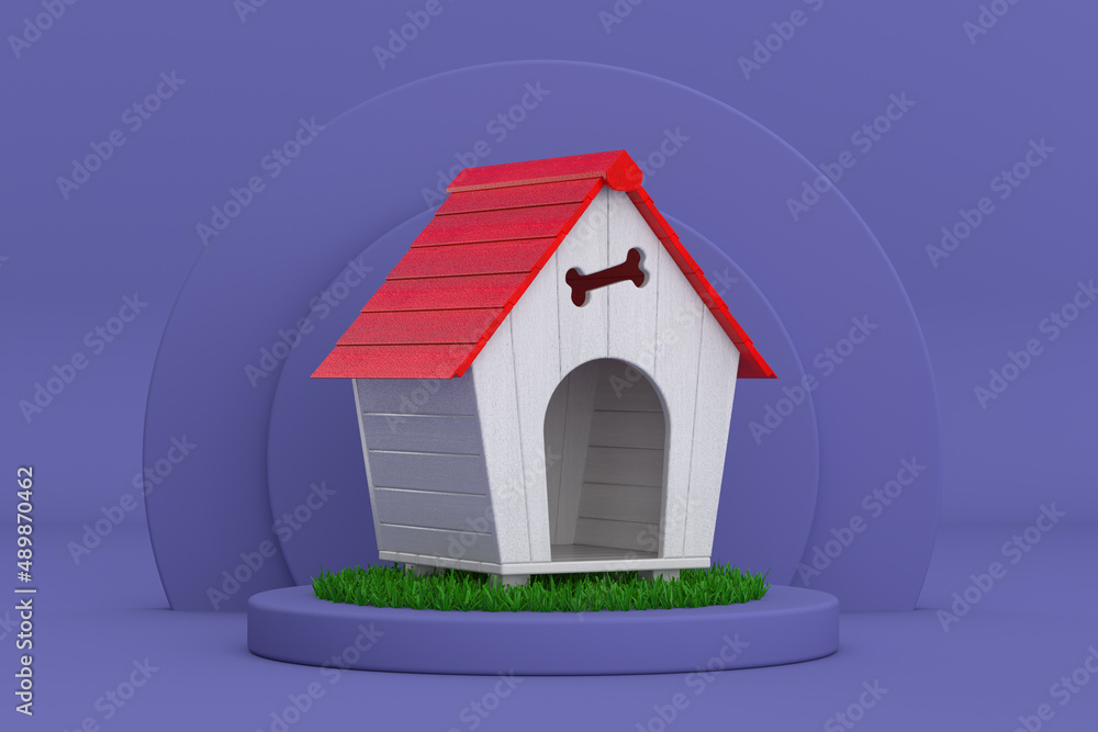 Φωτογραφία Wooden Cartoon Dog House with Red Roof over Violet Very Peri Cylinders Products Stage Pedestal