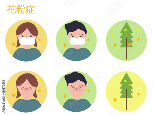 花粉症 ベクターイラスト アイコン素材 / 男性と女性 マスク 防止 対策 
