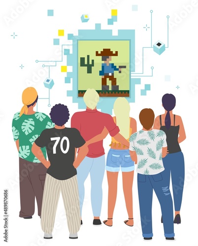 Metaverse NFT crypto art gallery, digital art market, non fungible token, blockchain technology, vector illustration.