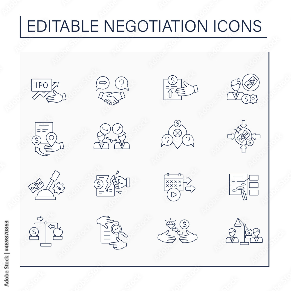 Negotiation line icons set. Conversation with potential business partners or clients. Business concept. Isolated vector illustrations. Editable stroke