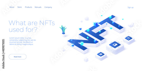 NFT abstract concept illustration in isometric design. Non-fungible token blockchain or marketplace. Cryptographic technology web banner layout.