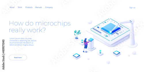 Microchip concept illustration in isometric vector design. Semiconductor or computer processor chip production. CPU hardware technology web banner layout.